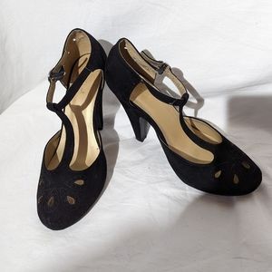 Graham Street Shoe Company Vintage Style T Strap Flocked Black Pumps
